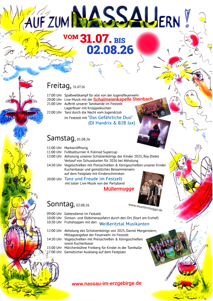 Programm des Dorffestes „Auf zum NASSAUern“ vom 31.07. bis 02.08.2026 in Nassau im Erzgebirge.