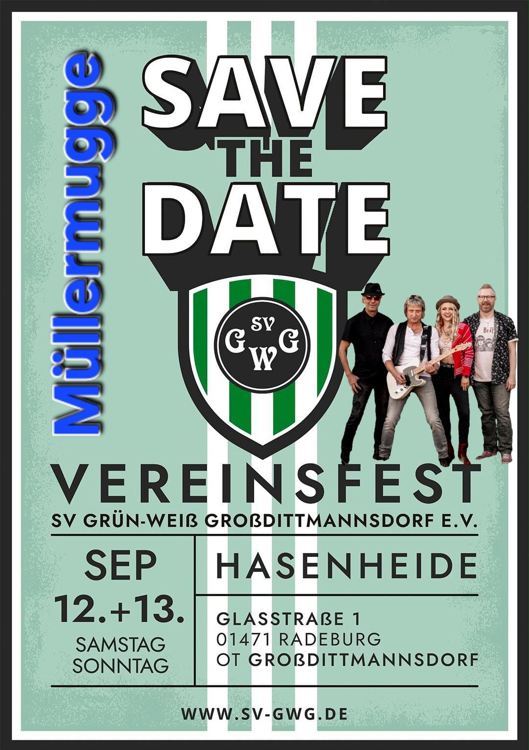 Plakat zum Vereinsfest des SV Grün-Weiß Großdittmannsdorf e.V. am 12. und 13. September 2026 mit Müllermugge
